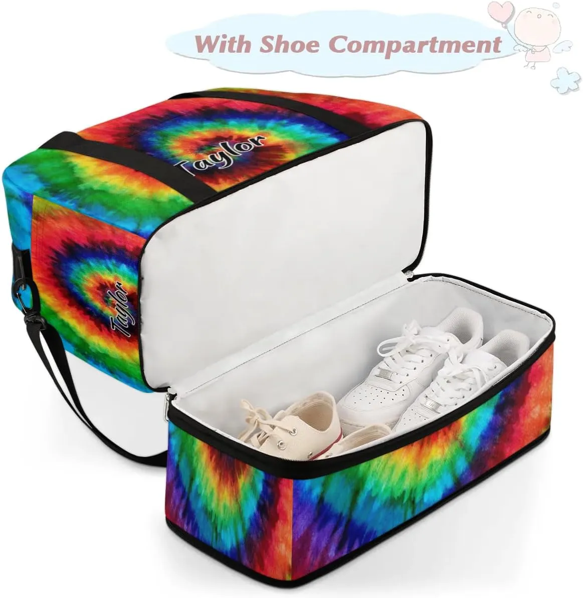 Customized Gym Bag for Women, Personalized Colorful Tie Dye Travel Duffel Bag with Name, Tie Dye Themed Weekender Overnight Bag with Shoes Compartment for Men Travel Yoga