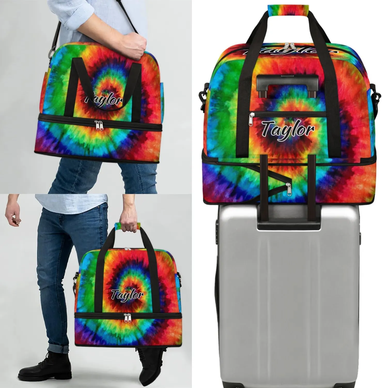 Customized Gym Bag for Women, Personalized Colorful Tie Dye Travel Duffel Bag with Name, Tie Dye Themed Weekender Overnight Bag with Shoes Compartment for Men Travel Yoga
