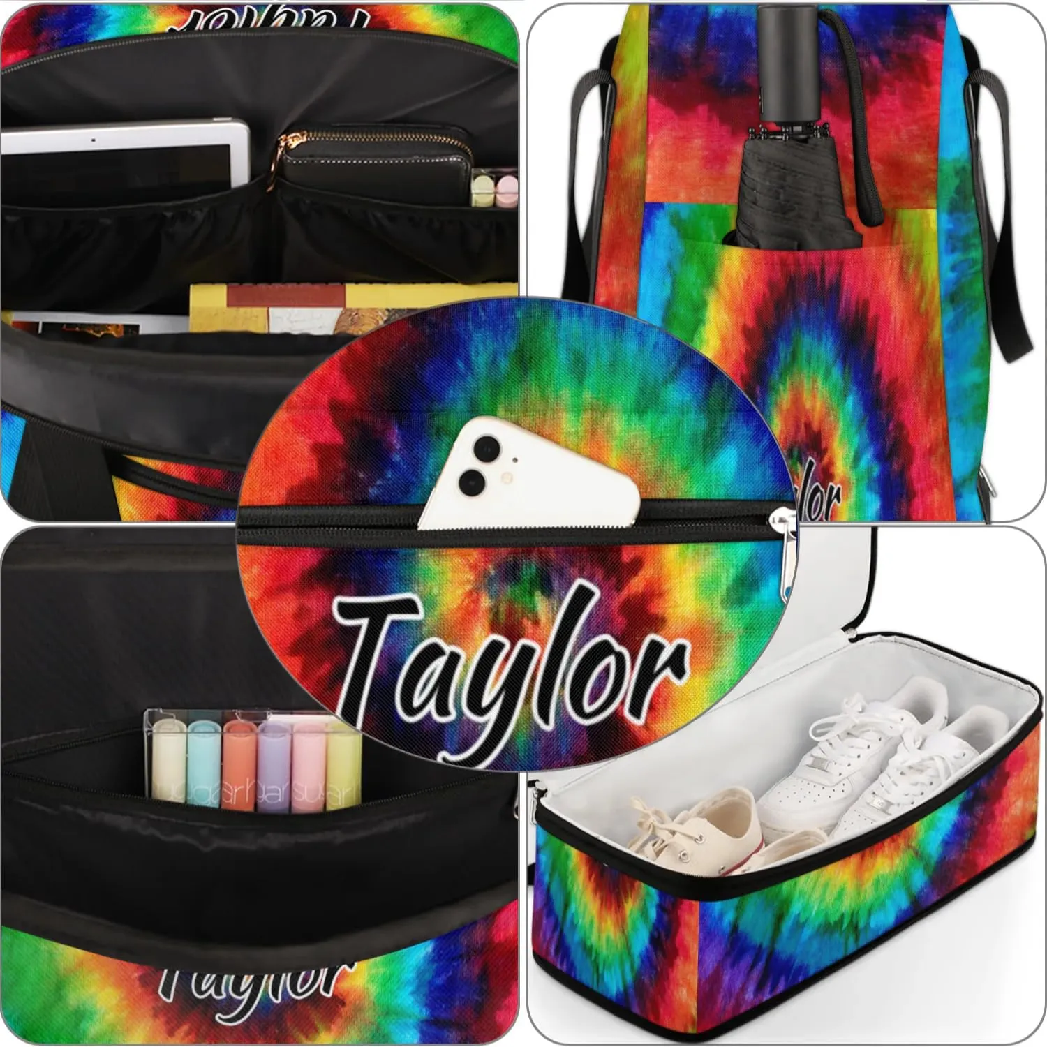 Customized Gym Bag for Women, Personalized Colorful Tie Dye Travel Duffel Bag with Name, Tie Dye Themed Weekender Overnight Bag with Shoes Compartment for Men Travel Yoga
