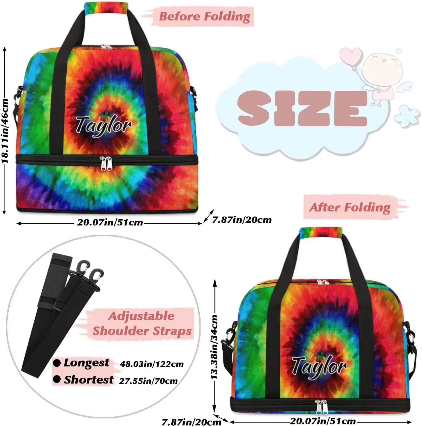Customized Gym Bag for Women, Personalized Colorful Tie Dye Travel Duffel Bag with Name, Tie Dye Themed Weekender Overnight Bag with Shoes Compartment for Men Travel Yoga
