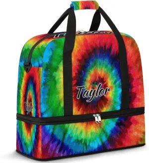Customized Gym Bag for Women, Personalized Colorful Tie Dye Travel Duffel Bag with Name, Tie Dye Themed Weekender Overnight Bag with Shoes Compartment for Men Travel Yoga