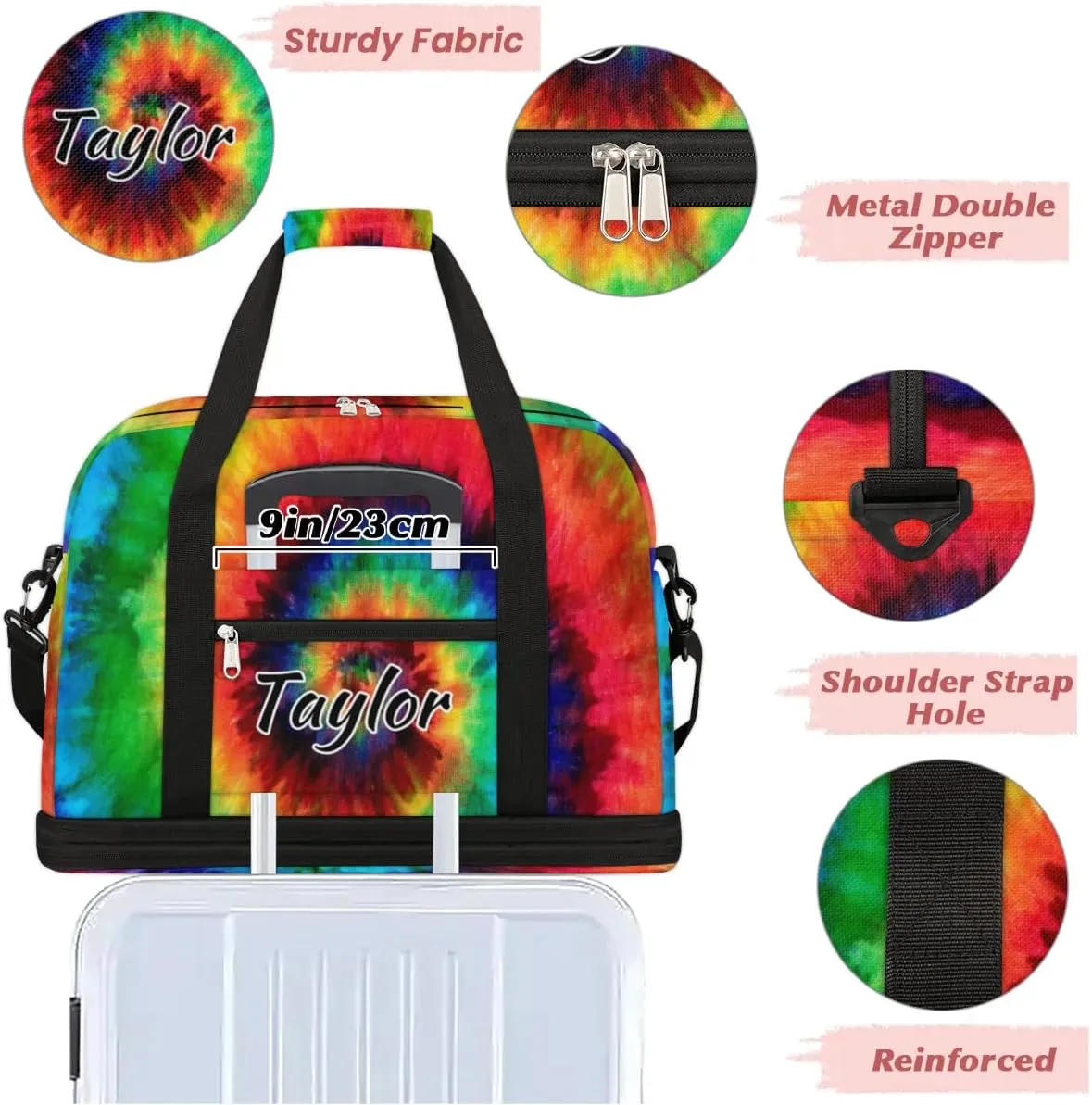 Customized Gym Bag for Women, Personalized Colorful Tie Dye Travel Duffel Bag with Name, Tie Dye Themed Weekender Overnight Bag with Shoes Compartment for Men Travel Yoga