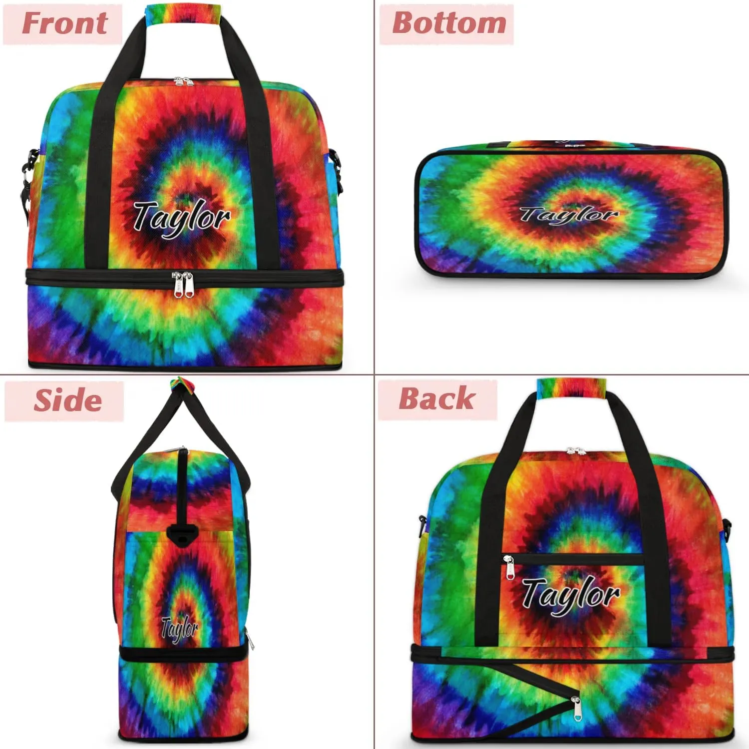 Customized Gym Bag for Women, Personalized Colorful Tie Dye Travel Duffel Bag with Name, Tie Dye Themed Weekender Overnight Bag with Shoes Compartment for Men Travel Yoga