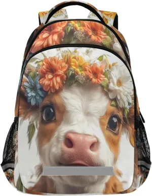 Cute Flowers Brown Highland Cow Backpack for Boys Girls Elementary School Bag Kids Travel Bags Casual Rucksack Laptop Bookbag
