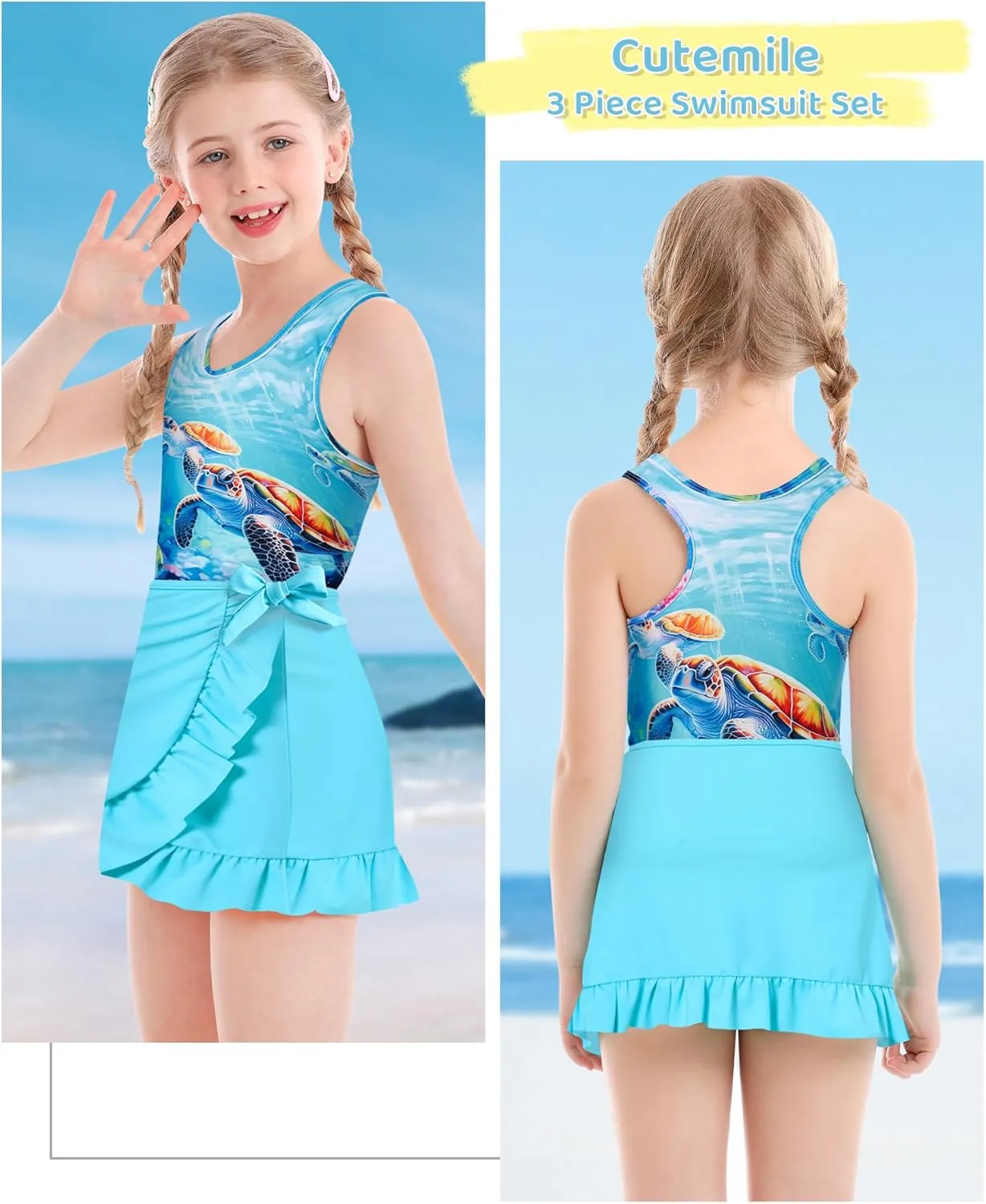 Cutemile Girls Swimsuit 3 Piece Bathing Suit Quick Dry Tankini Set with Cover Up Beach Skirt Bikini Swimwear 6-12 Years