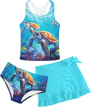 Cutemile Girls Swimsuit 3 Piece Bathing Suit Quick Dry Tankini Set with Cover Up Beach Skirt Bikini Swimwear 6-12 Years