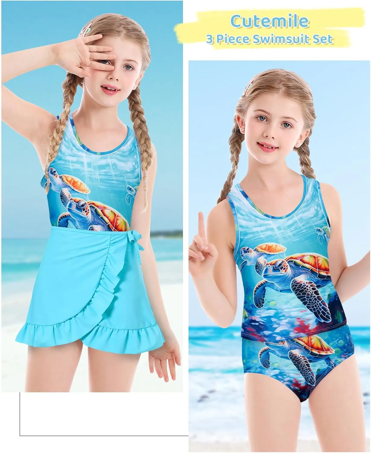 Cutemile Girls Swimsuit 3 Piece Bathing Suit Quick Dry Tankini Set with Cover Up Beach Skirt Bikini Swimwear 6-12 Years