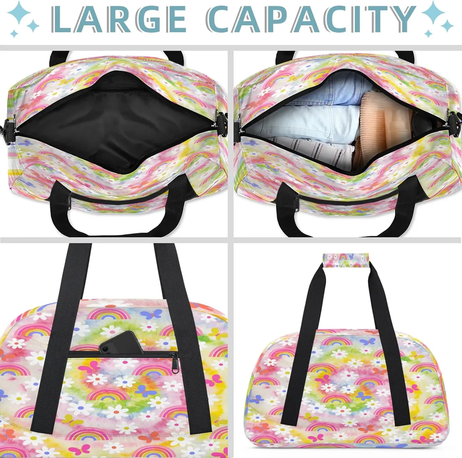 Daisy Rainbow Tie Dye Small Gym Bag 18 inch Carry On Duffel Bag for Weekender Travel Sports Workout Yoga Gymnastics Dance Ballet
