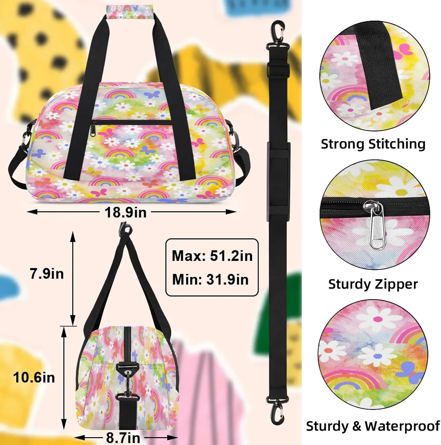 Daisy Rainbow Tie Dye Small Gym Bag 18 inch Carry On Duffel Bag for Weekender Travel Sports Workout Yoga Gymnastics Dance Ballet