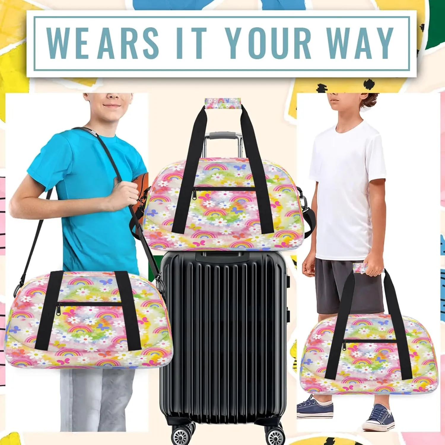Daisy Rainbow Tie Dye Small Gym Bag 18 inch Carry On Duffel Bag for Weekender Travel Sports Workout Yoga Gymnastics Dance Ballet