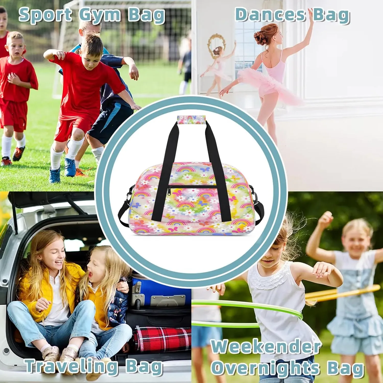 Daisy Rainbow Tie Dye Small Gym Bag 18 inch Carry On Duffel Bag for Weekender Travel Sports Workout Yoga Gymnastics Dance Ballet