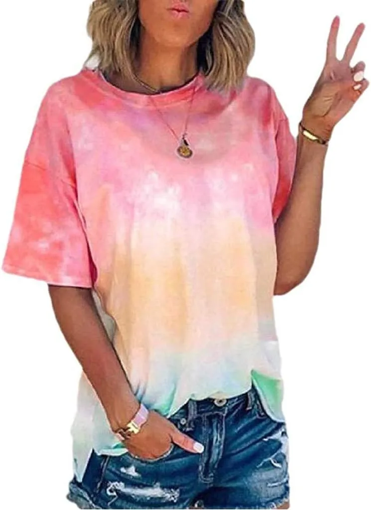 DASAYO Women's Fashion Summer Top Shirt Loose Short Sleeve Gradient Tie Dye T-Shirt Blouse Trendy Casual Cute Tees Shirts