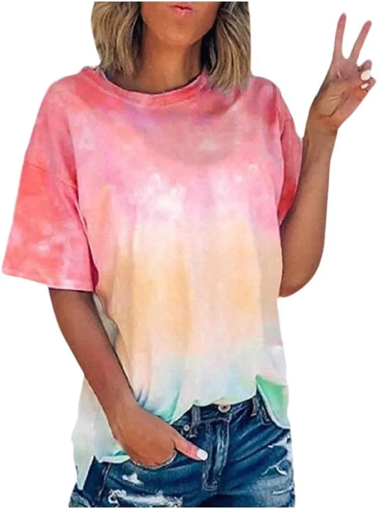 DASAYO Women's Fashion Summer Top Shirt Loose Short Sleeve Gradient Tie Dye T-Shirt Blouse Trendy Casual Cute Tees Shirts