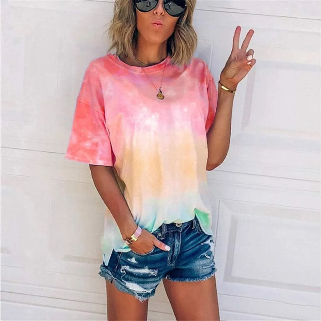 DASAYO Women's Fashion Summer Top Shirt Loose Short Sleeve Gradient Tie Dye T-Shirt Blouse Trendy Casual Cute Tees Shirts