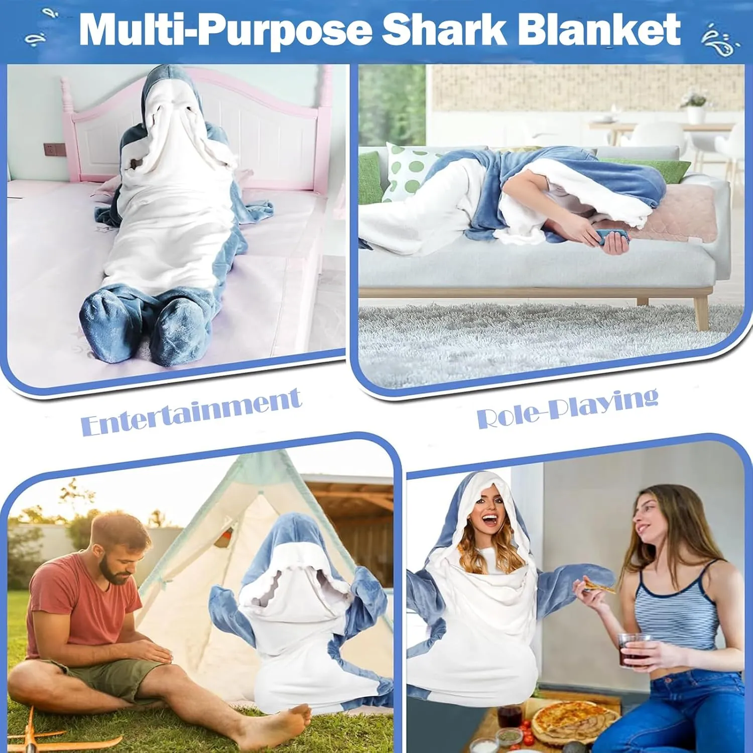 DDMY Shark Blanket, XXL Size Flannel Shark Onesie Wearable Blanket for Adult, Cartoon Shark Blanket Hoodie Onesie Sleeping Bag Funny Throw Blankets Shark Costume
