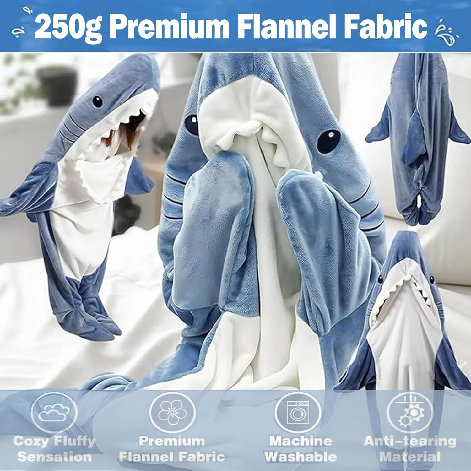 DDMY Shark Blanket, XXL Size Flannel Shark Onesie Wearable Blanket for Adult, Cartoon Shark Blanket Hoodie Onesie Sleeping Bag Funny Throw Blankets Shark Costume