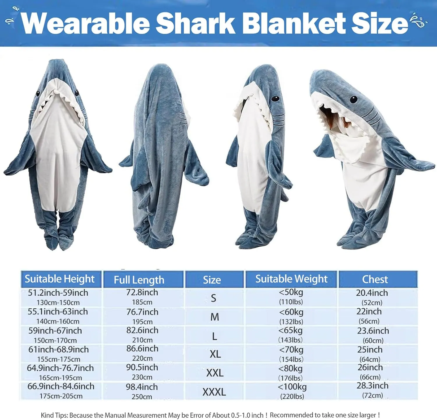 DDMY Shark Blanket, XXL Size Flannel Shark Onesie Wearable Blanket for Adult, Cartoon Shark Blanket Hoodie Onesie Sleeping Bag Funny Throw Blankets Shark Costume
