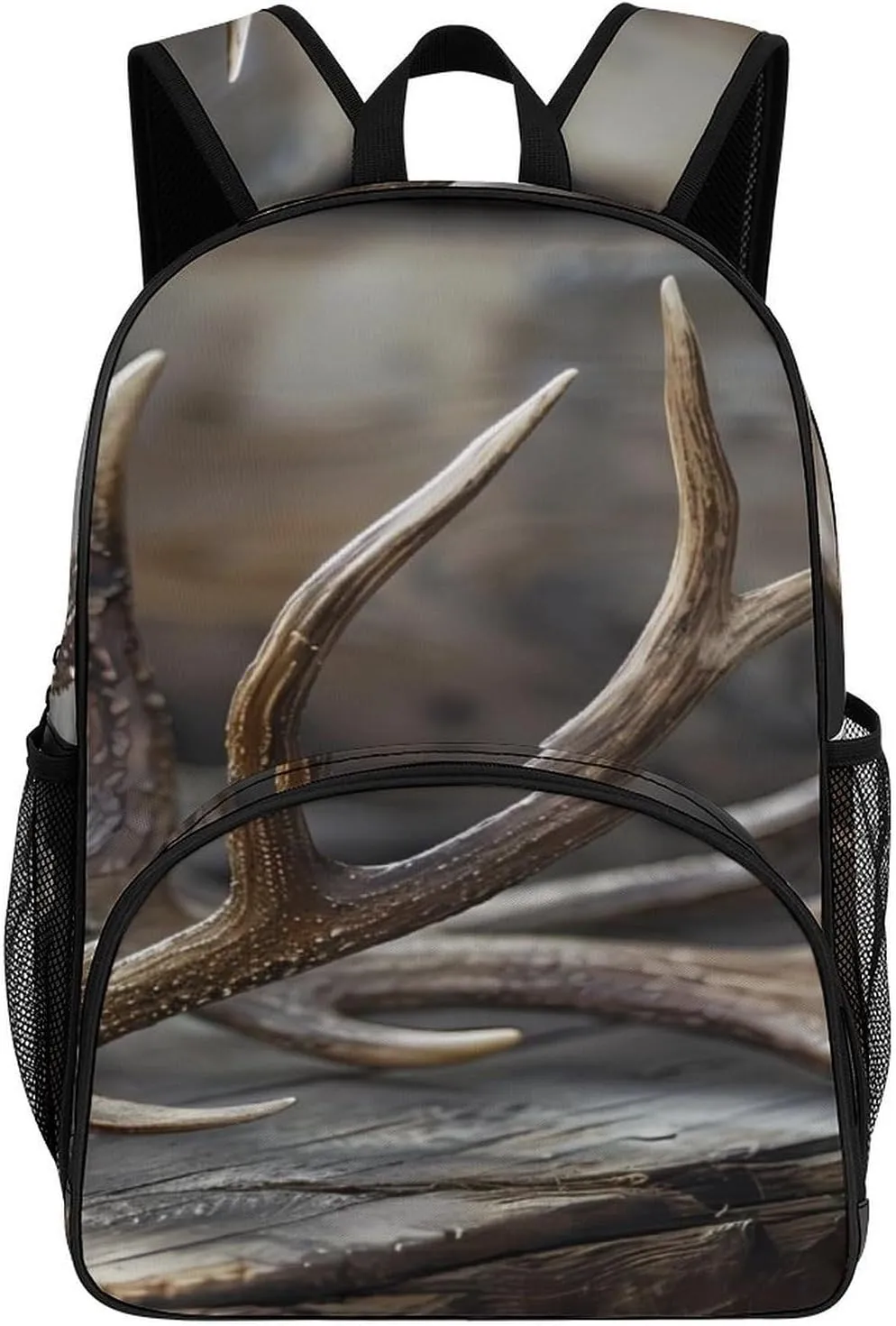 Deer Antlers On Wood Table Rustic Backpack Print Laptop Bag Shoulder Bags Travel Casual Daypacks For Women Men
