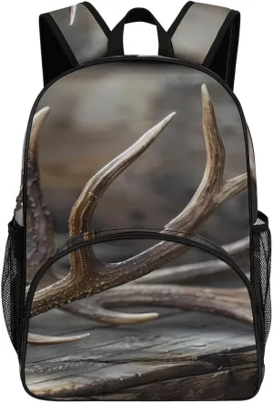 Deer Antlers On Wood Table Rustic Backpack Print Laptop Bag Shoulder Bags Travel Casual Daypacks For Women Men