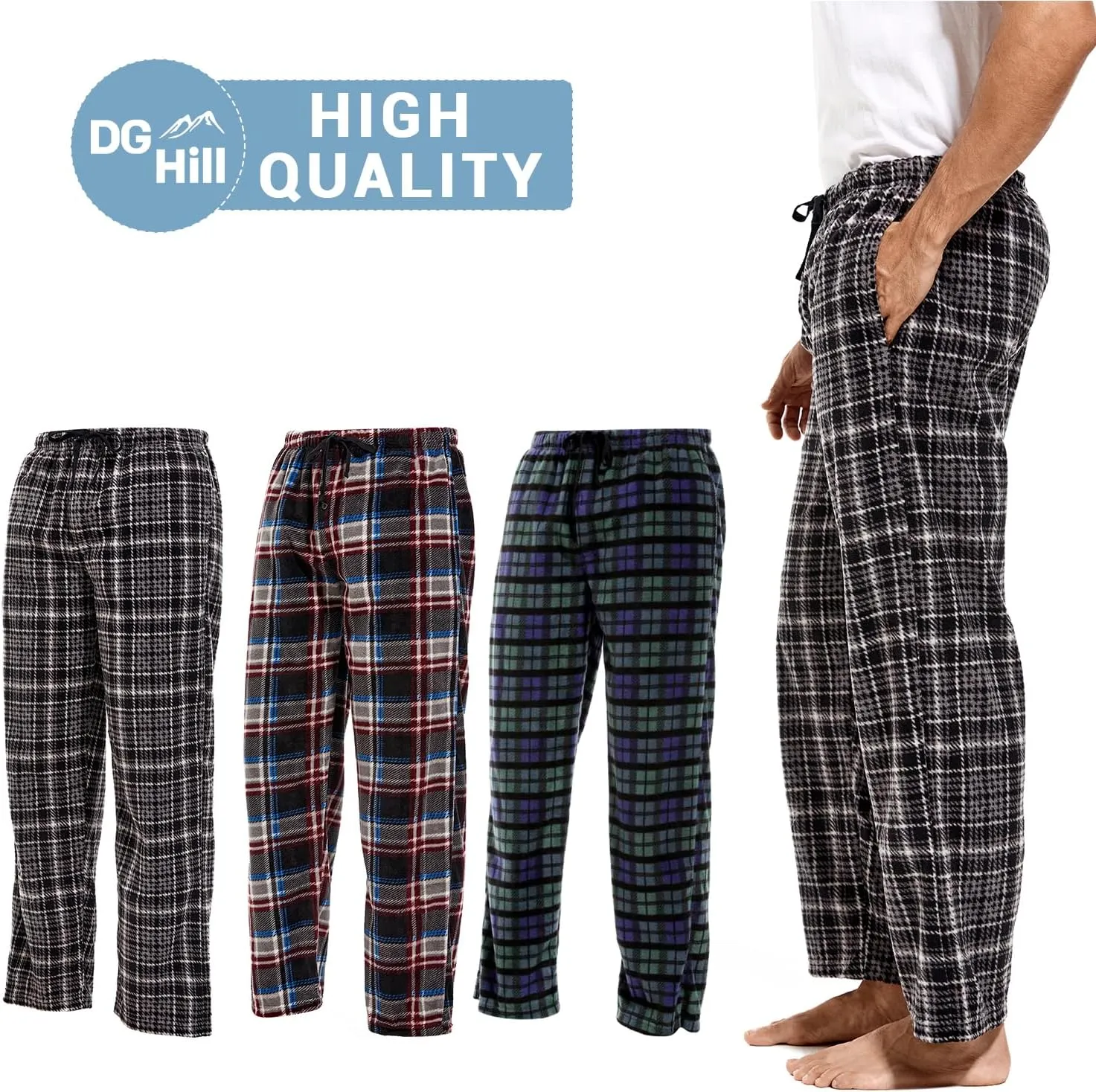 DG Hill 1Pack or 3Pack Mens PJ Pajama Pants Bottoms Fleece Lounge Pants Sleepwear Plaid PJs with Pockets Microfleece