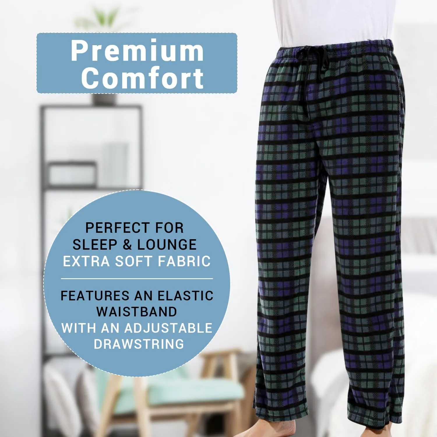 DG Hill 1Pack or 3Pack Mens PJ Pajama Pants Bottoms Fleece Lounge Pants Sleepwear Plaid PJs with Pockets Microfleece