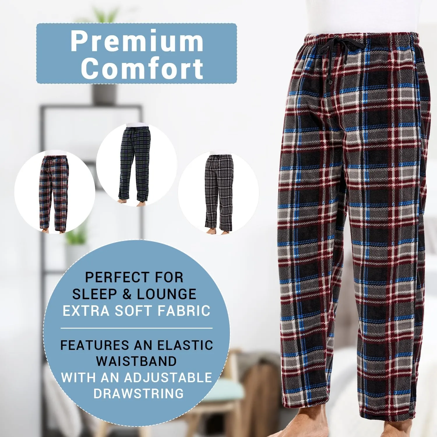DG Hill 1Pack or 3Pack Mens PJ Pajama Pants Bottoms Fleece Lounge Pants Sleepwear Plaid PJs with Pockets Microfleece