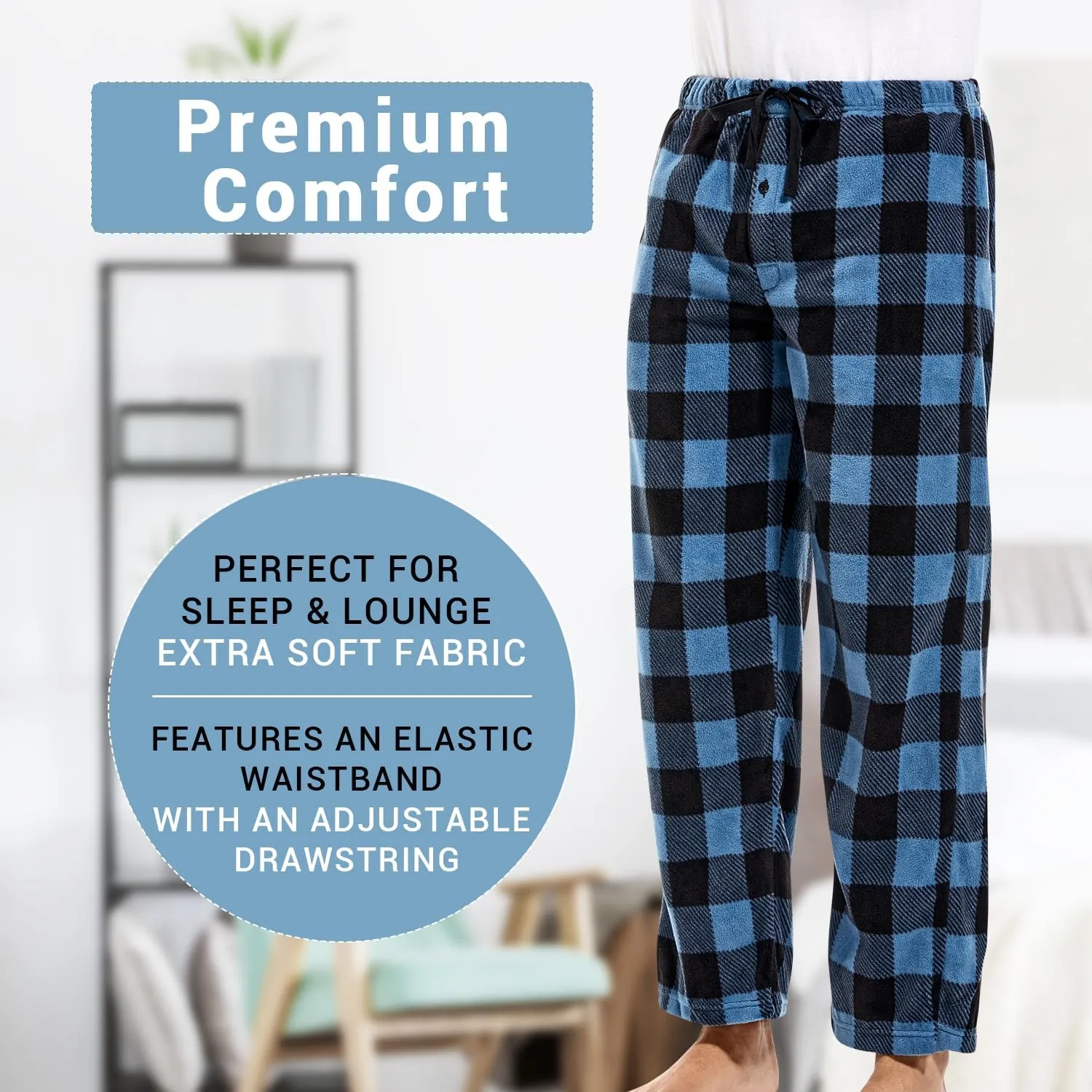 DG Hill 1Pack or 3Pack Mens PJ Pajama Pants Bottoms Fleece Lounge Pants Sleepwear Plaid PJs with Pockets Microfleece
