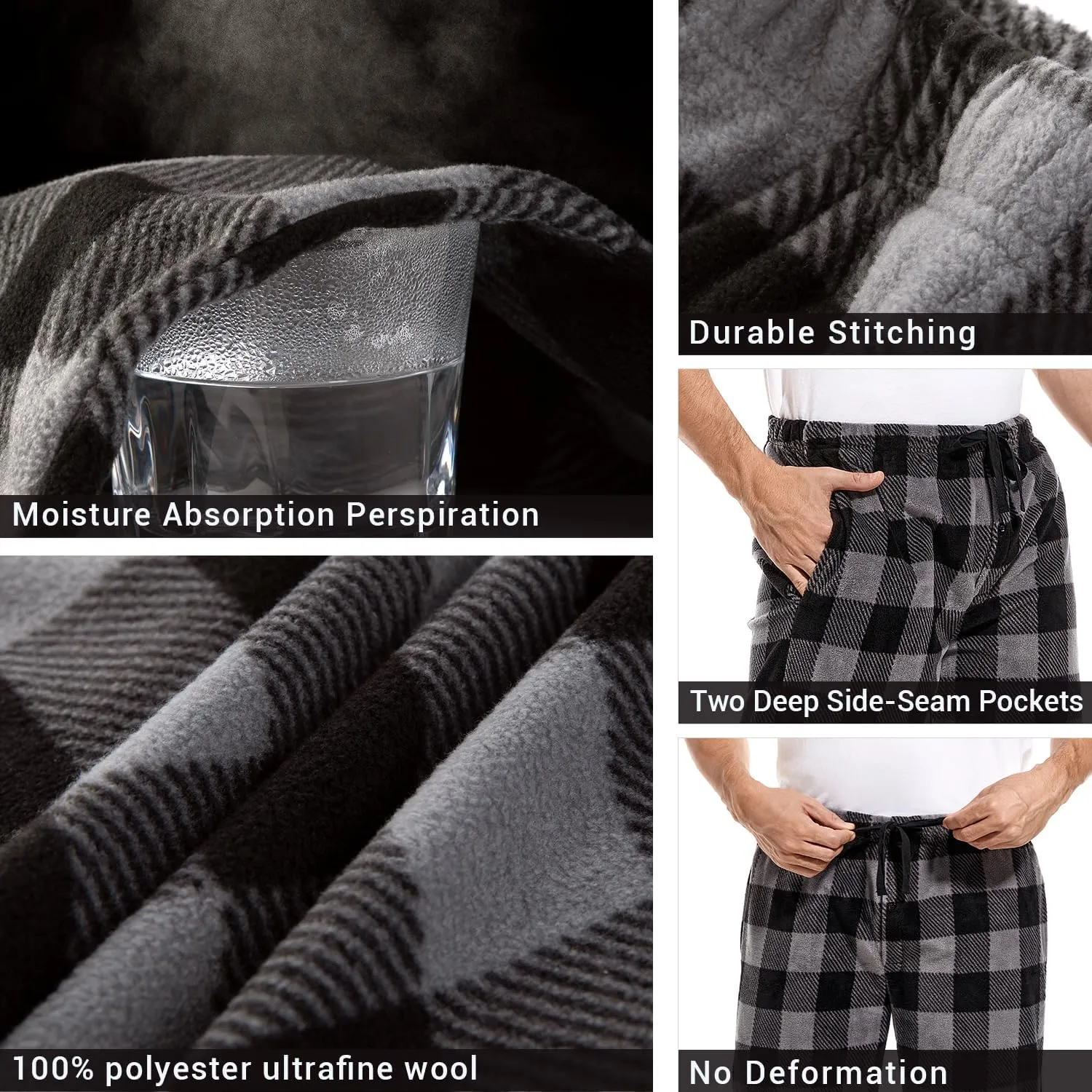 DG Hill 1Pack or 3Pack Mens PJ Pajama Pants Bottoms Fleece Lounge Pants Sleepwear Plaid PJs with Pockets Microfleece