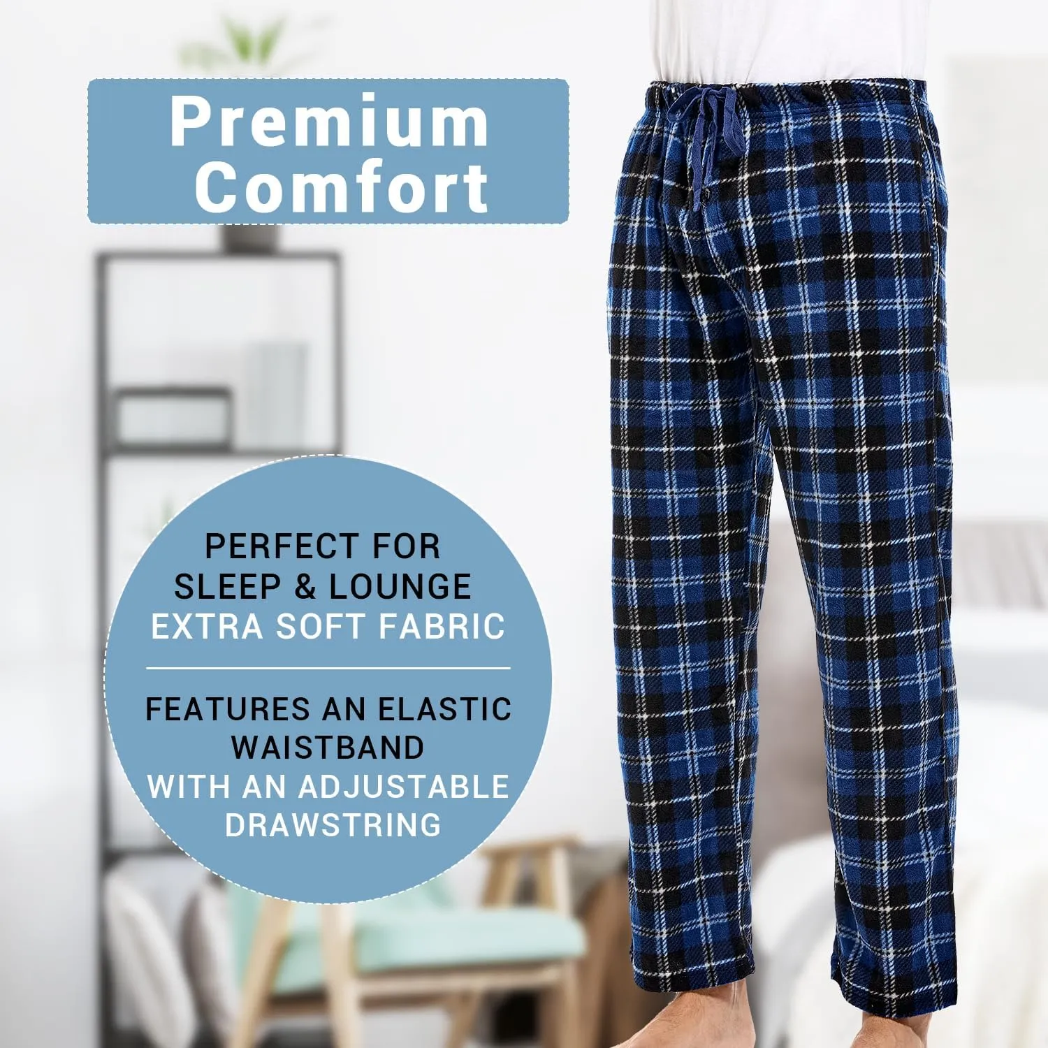 DG Hill 1Pack or 3Pack Mens PJ Pajama Pants Bottoms Fleece Lounge Pants Sleepwear Plaid PJs with Pockets Microfleece