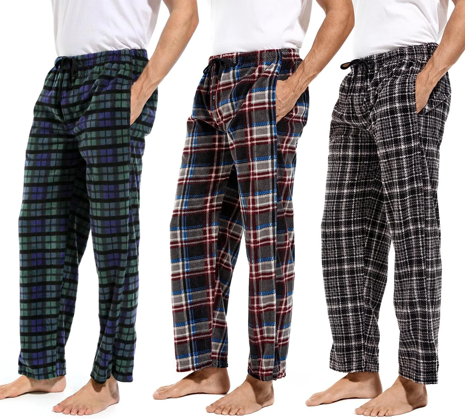 DG Hill 1Pack or 3Pack Mens PJ Pajama Pants Bottoms Fleece Lounge Pants Sleepwear Plaid PJs with Pockets Microfleece