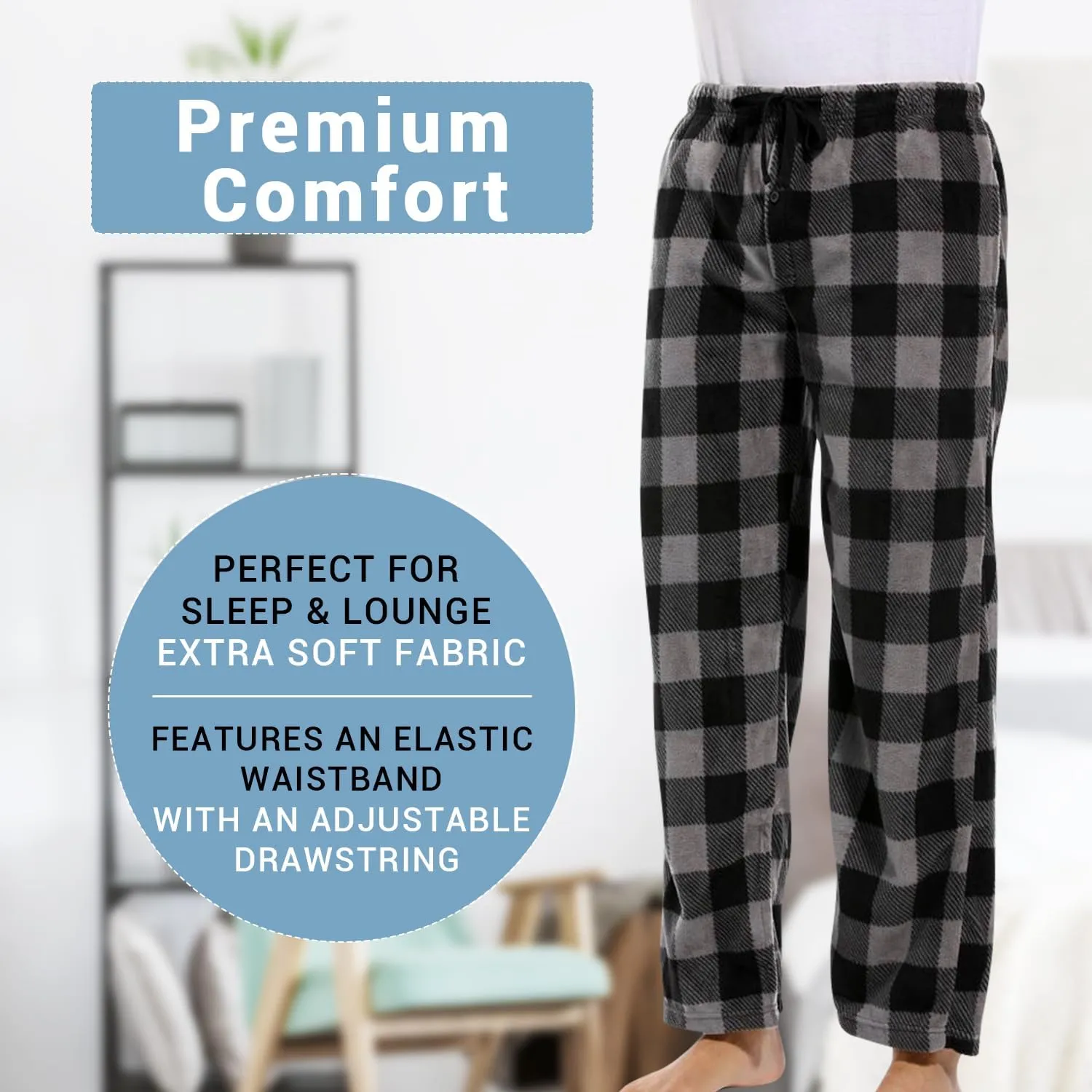 DG Hill 1Pack or 3Pack Mens PJ Pajama Pants Bottoms Fleece Lounge Pants Sleepwear Plaid PJs with Pockets Microfleece