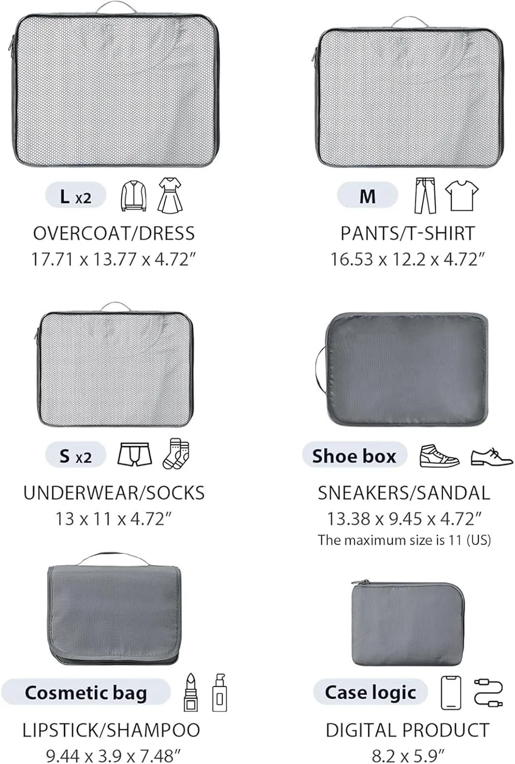 DIMJ Travel Packing Cubes - Luggage Cubes for Suitcases Packing Organizers Lightweight Suitcase Organizer for Shoes Clothes Cosmetics Toiletries 8 Set (Grey)