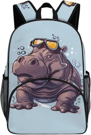 Diving Hippo Backpack Print Laptop Bag Shoulder Bags Travel Casual Daypacks For Women Men