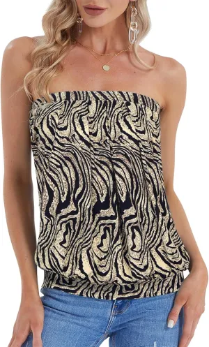 DJT Women's Summer Beach Tie Dye Sleeveless Stretchy Pleated Tube Tops