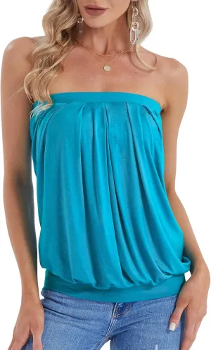 DJT Women's Summer Beach Tie Dye Sleeveless Stretchy Pleated Tube Tops