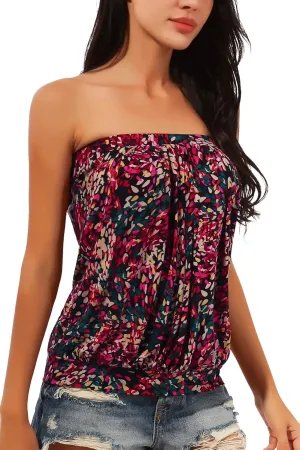DJT Women's Summer Beach Tie Dye Sleeveless Stretchy Pleated Tube Tops
