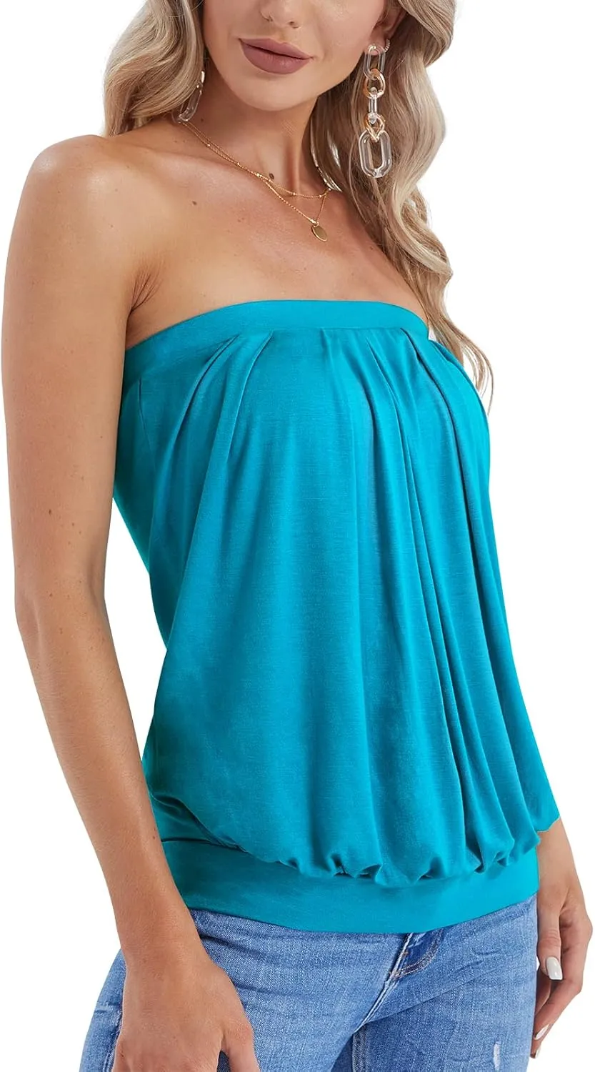DJT Women's Summer Beach Tie Dye Sleeveless Stretchy Pleated Tube Tops