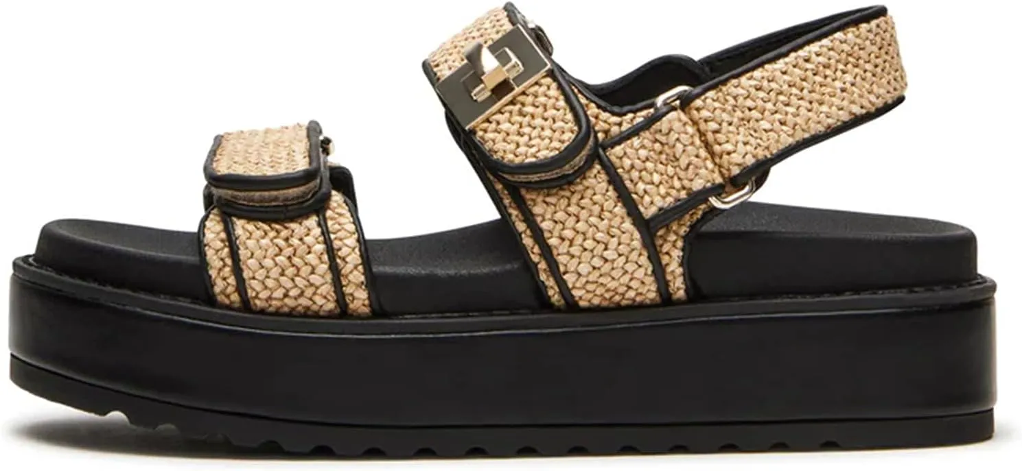 DOEYG Raffia Platform Sandals for Women Comfortable Casual Adjustable Buckle Strap Summer Open Toe Woven Slingback Beach Sandals