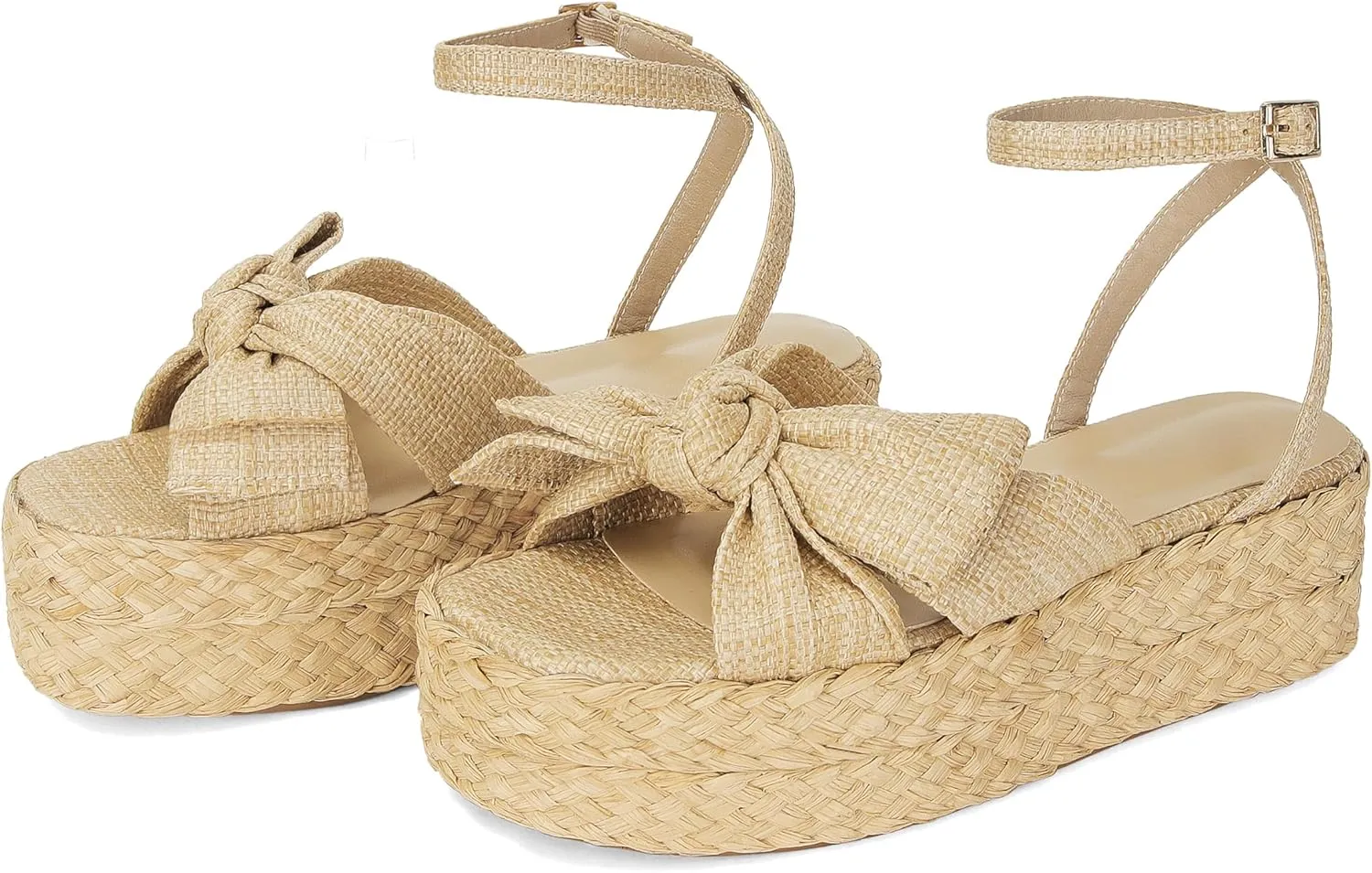 DOEYG Raffia Platform Sandals for Women Comfortable Casual Adjustable Buckle Strap Summer Open Toe Woven Slingback Beach Sandals