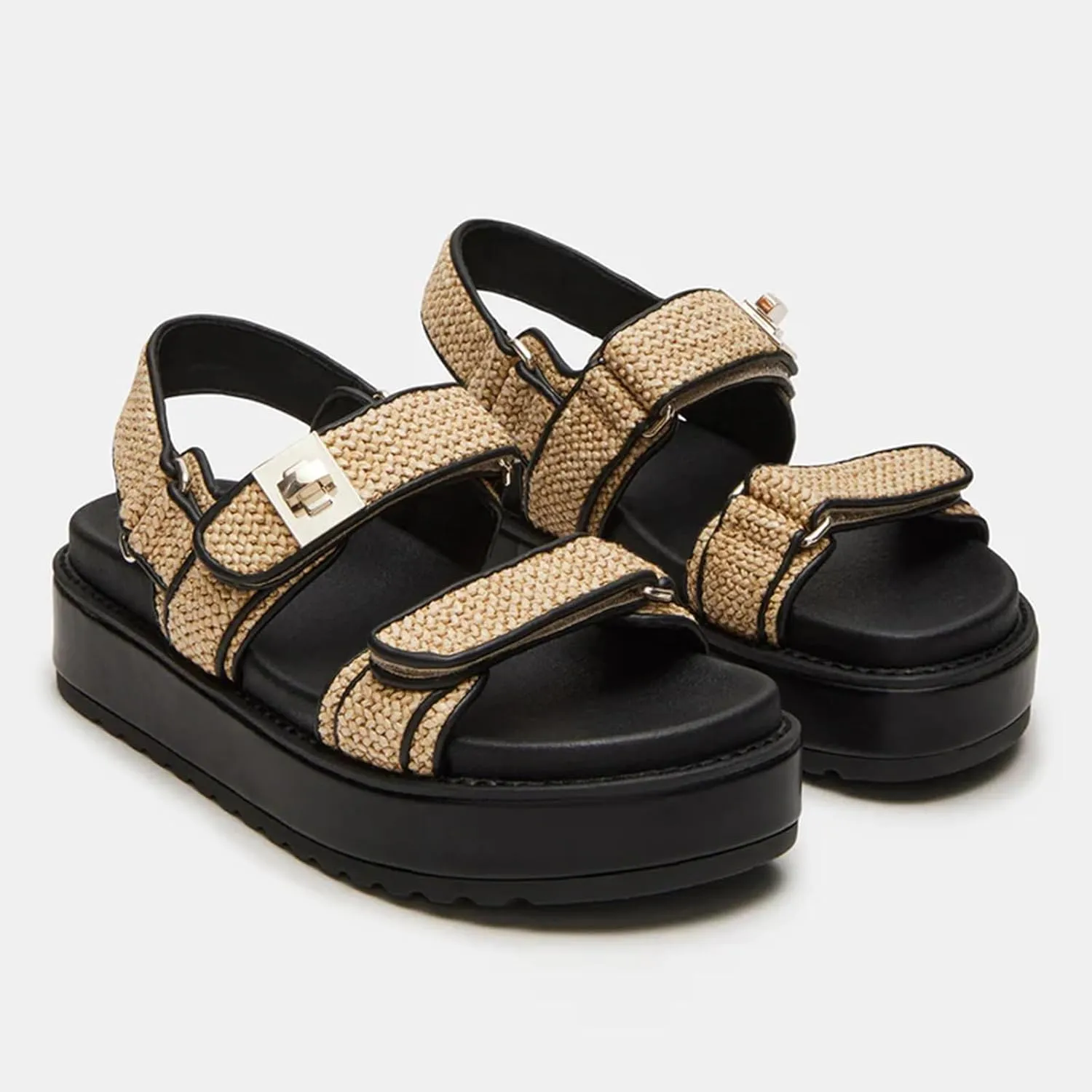 DOEYG Raffia Platform Sandals for Women Comfortable Casual Adjustable Buckle Strap Summer Open Toe Woven Slingback Beach Sandals