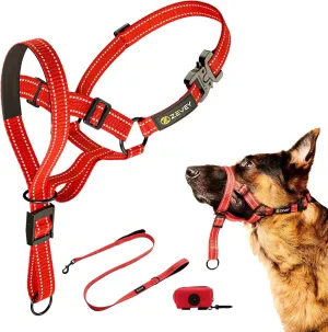 Dog Headcollar with Leash and Safety Strap Stops Heavy Pulling On The Leash Padded Reflective Head Halter for Small Medium Large Dogs Adjustable Head Harness for Training and Walking, (XL, RED)