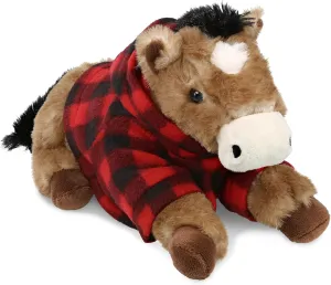 DolliBu Lying Brown Horse Stuffed Animal with Plaid Red Hoodie Sweater and Personalization - Horse Plush Lumberjack Stuffed Toy with Plaid Jacket Dress Up for Christmas, Holiday, Winter - 10.5 Inches