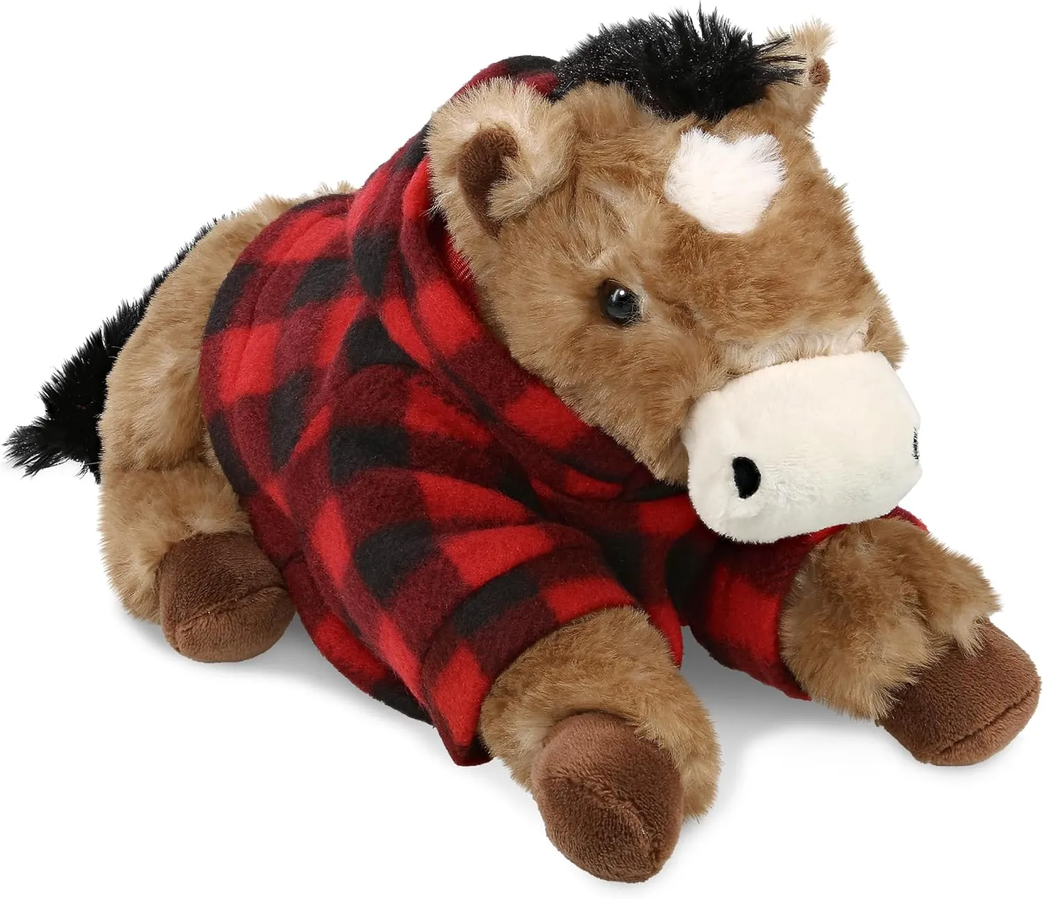 DolliBu Lying Brown Horse Stuffed Animal with Plaid Red Hoodie Sweater and Personalization - Horse Plush Lumberjack Stuffed Toy with Plaid Jacket Dress Up for Christmas, Holiday, Winter - 10.5 Inches