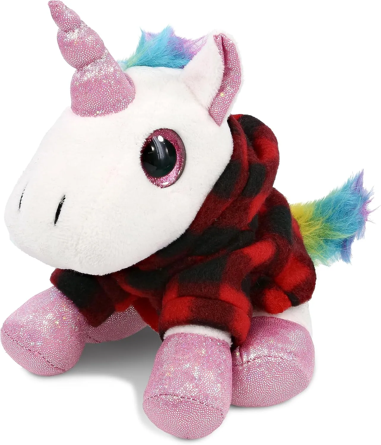 DolliBu White Unicorn Stuffed Animal with Plaid Red Hoodie Sweater and Personalization - Unicorn Plush Lumberjack Stuffed Toy with Plaid Jacket Dress Up for Christmas, Holiday, Winter - 8 Inches