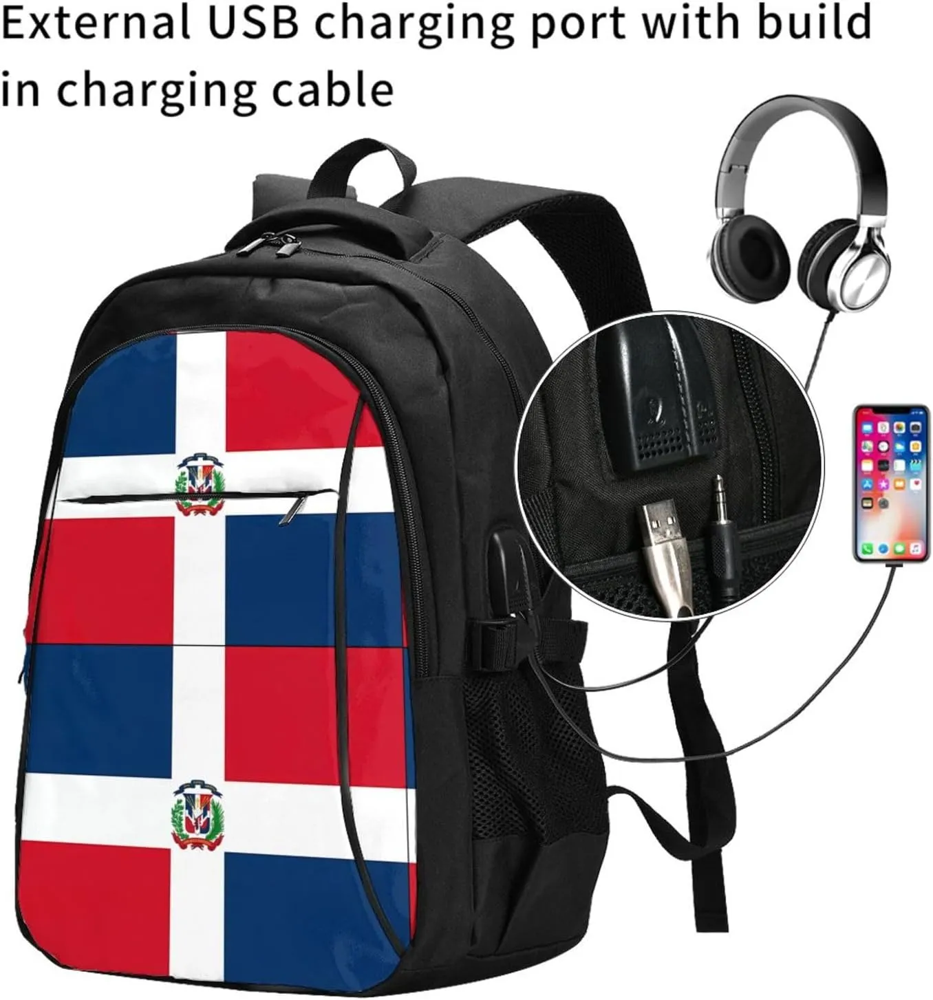Dominican Flag Travel Backpacks Casual Backpack Large Capacity Laptop Rucksack Luggage Daypacks with USB Charging Port Multi-Pockets Bags for Hiking