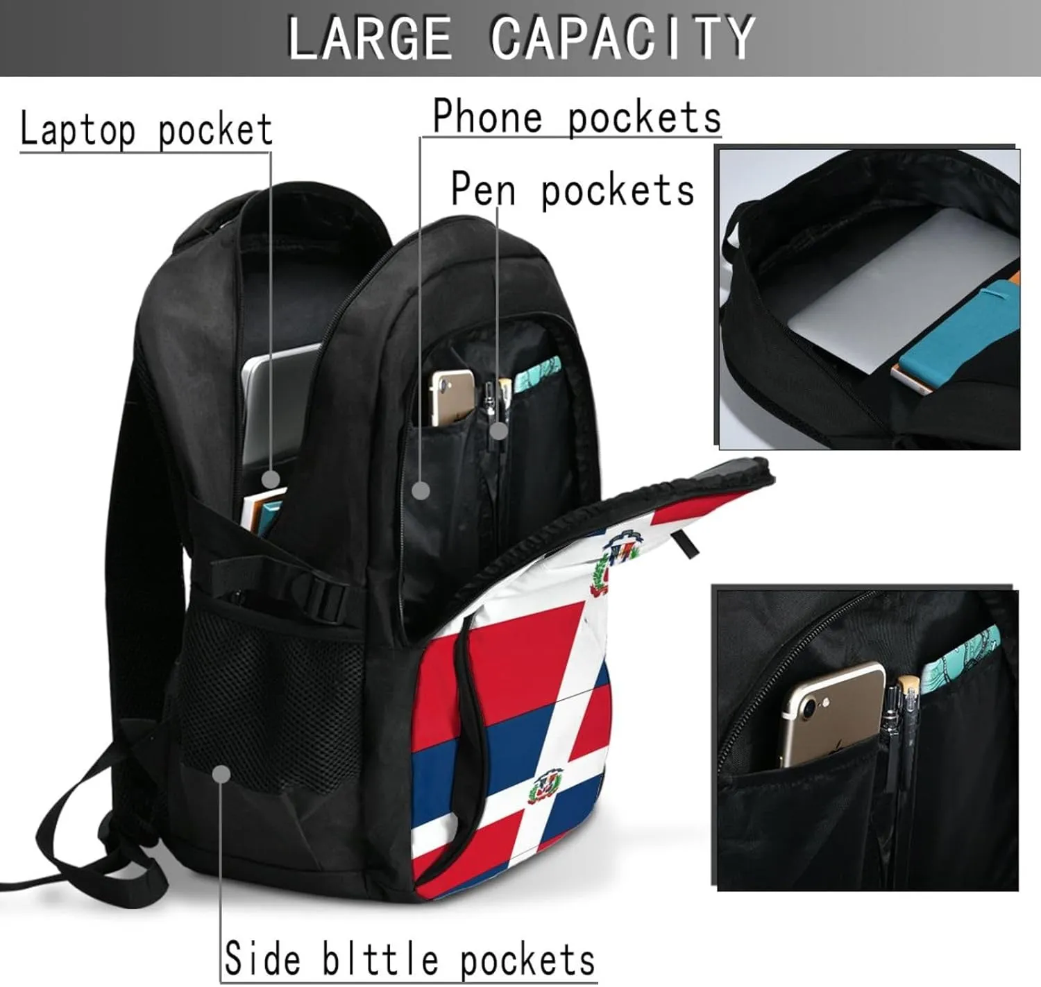Dominican Flag Travel Backpacks Casual Backpack Large Capacity Laptop Rucksack Luggage Daypacks with USB Charging Port Multi-Pockets Bags for Hiking