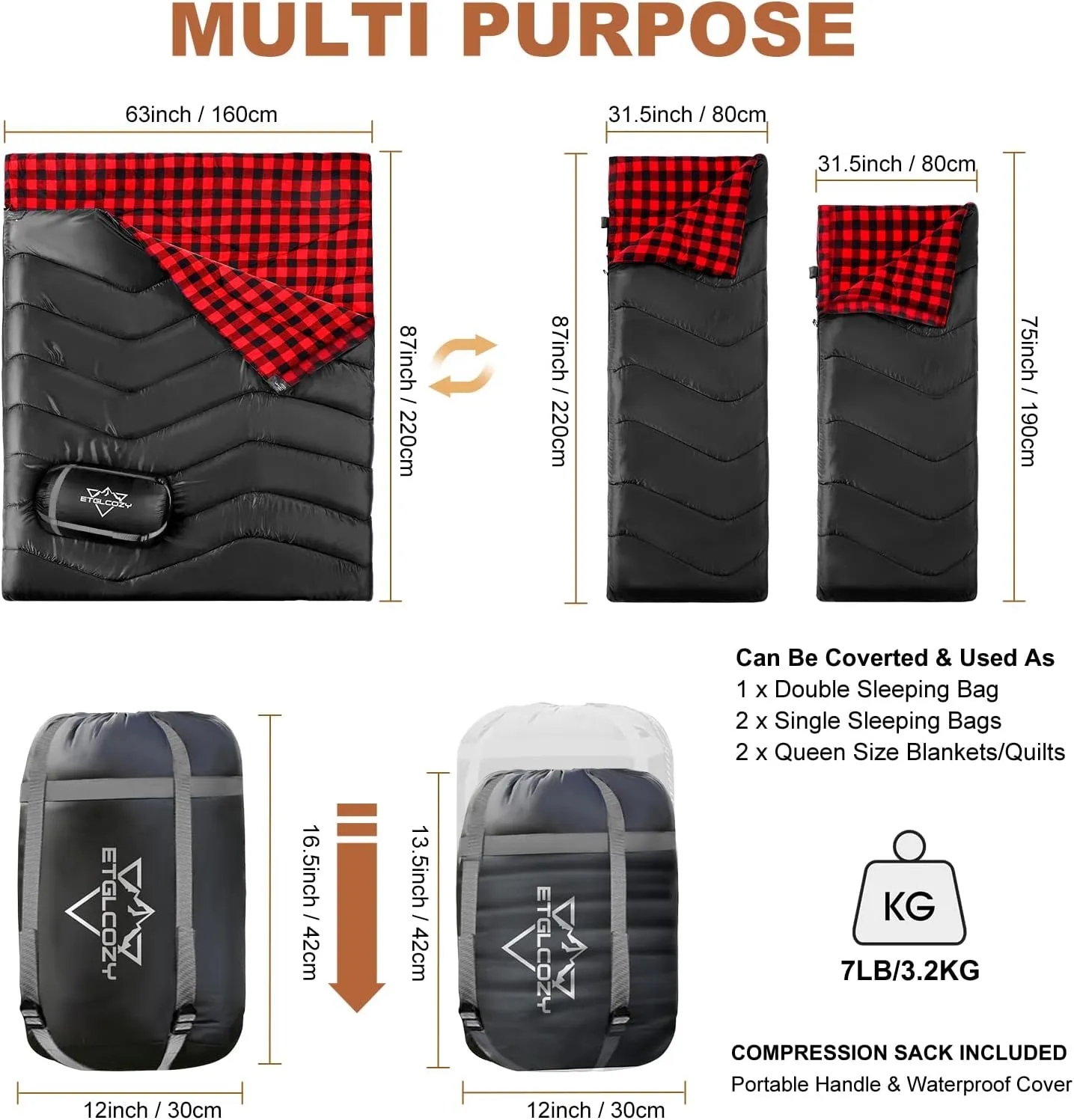 Double Sleeping Bag for Adults Kids Camping, XL Queen Size Sleeping Bags for 2 Person All Season Hiking Backpacking, Lightweight Waterproof with Compression Sack