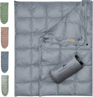 Down Camping Blanket with Footbox - Packable Warm Puffy Lightweight Camp Quilt - Water Resistant for Backpacking Hiking Travel – Compact Outdoor Throw Sleeping Blanket with Bag - 52x77