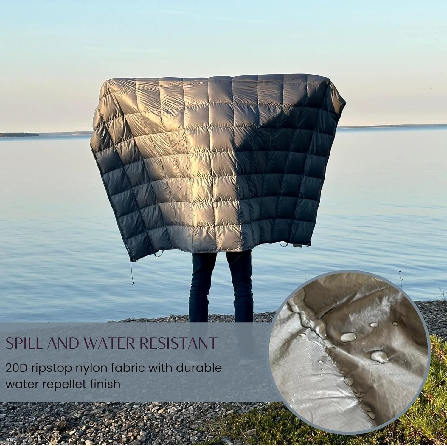Down Camping Blanket with Footbox - Packable Warm Puffy Lightweight Camp Quilt - Water Resistant for Backpacking Hiking Travel – Compact Outdoor Throw Sleeping Blanket with Bag - 52x77