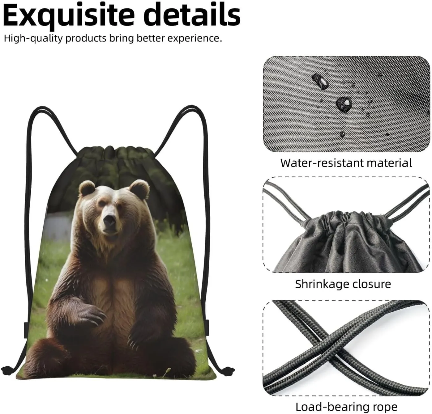 Drawstring Backpack Waterproof String Bag Hi Bear Sit on the Lawn Sport Gym Sackpack Lightweight Cinch Bag